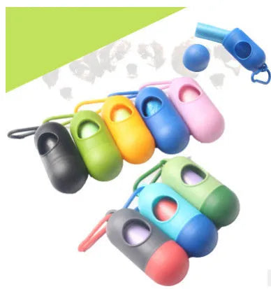 Dog poop bags holder with hook in various colours, showing Velcro fastening and compact 10cm size