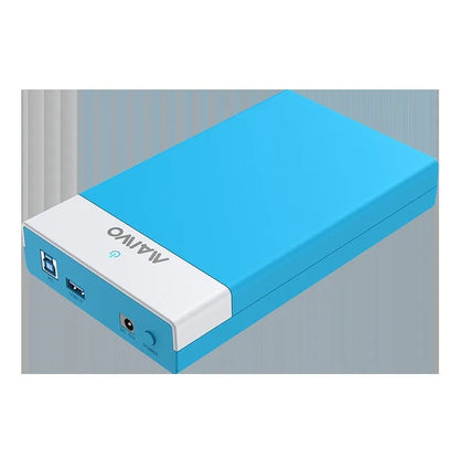 Black and silver 3.5-inch SATA hard disk enclosure with slide-open cover, USB 3.0 cable, and power adapter.