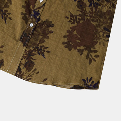 Men's floral lapel shirt in gray, khaki, yellow or burgundy, cotton button-front top, sizes M to 3XL