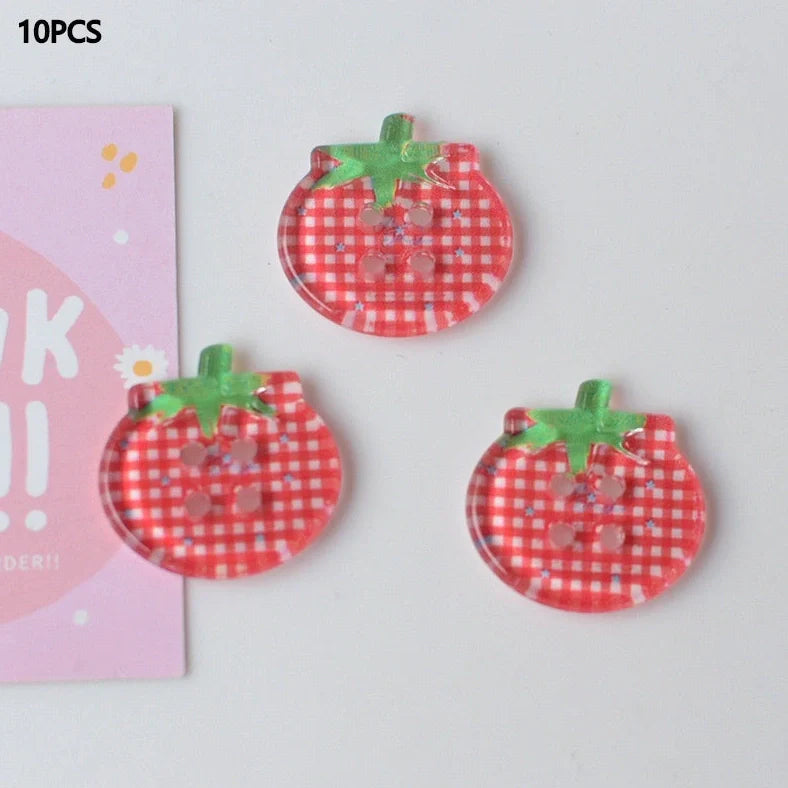 Tomato pattern buttons in five colours including cherry tomato printing and red plaid designs