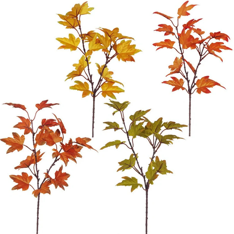 Four-colour maple leaf indoor flower decoration with autumn brown, orange, green, and yellow screen-printed leaves measuring 39cm tall