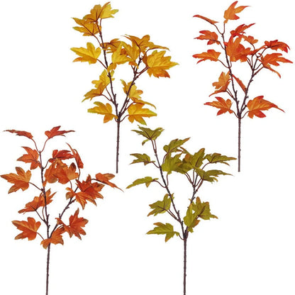 Four-colour maple leaf indoor flower decoration with autumn brown, orange, green, and yellow screen-printed leaves measuring 39cm tall