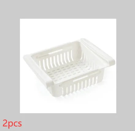 Plastic telescopic refrigerator storage basket in apricot colour, showing multiple compartments for organisation.