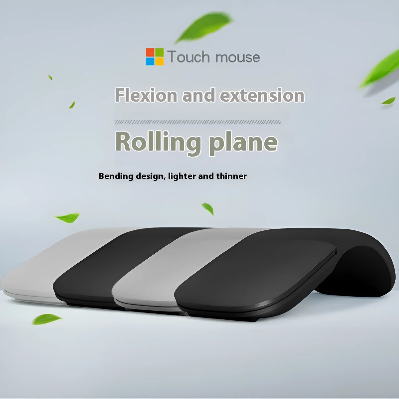 Black folding touch wireless mouse shown in open position with Bluetooth 4.0 logo