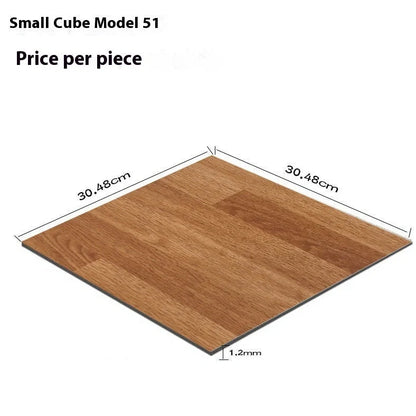 Self-adhesive vinyl flooring tile showing 30cm x 30cm dimensions with peel-and-stick backing visible