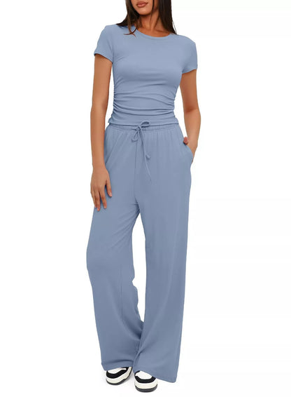 Women's 2-piece solid color yoga set with short-sleeve top and high-waisted pants
