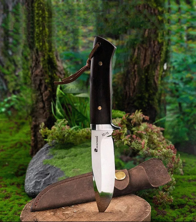 Outdoor survival knife with leather holster and mirror polished blade