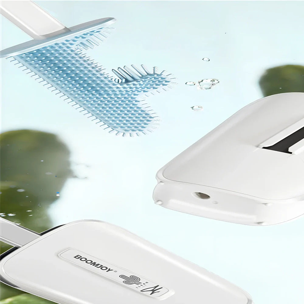 Blue toilet brush with angled TPR bristles in wall-mounted bucket for bathroom cleaning