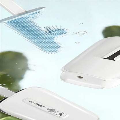 Blue toilet brush with angled TPR bristles in wall-mounted bucket for bathroom cleaning