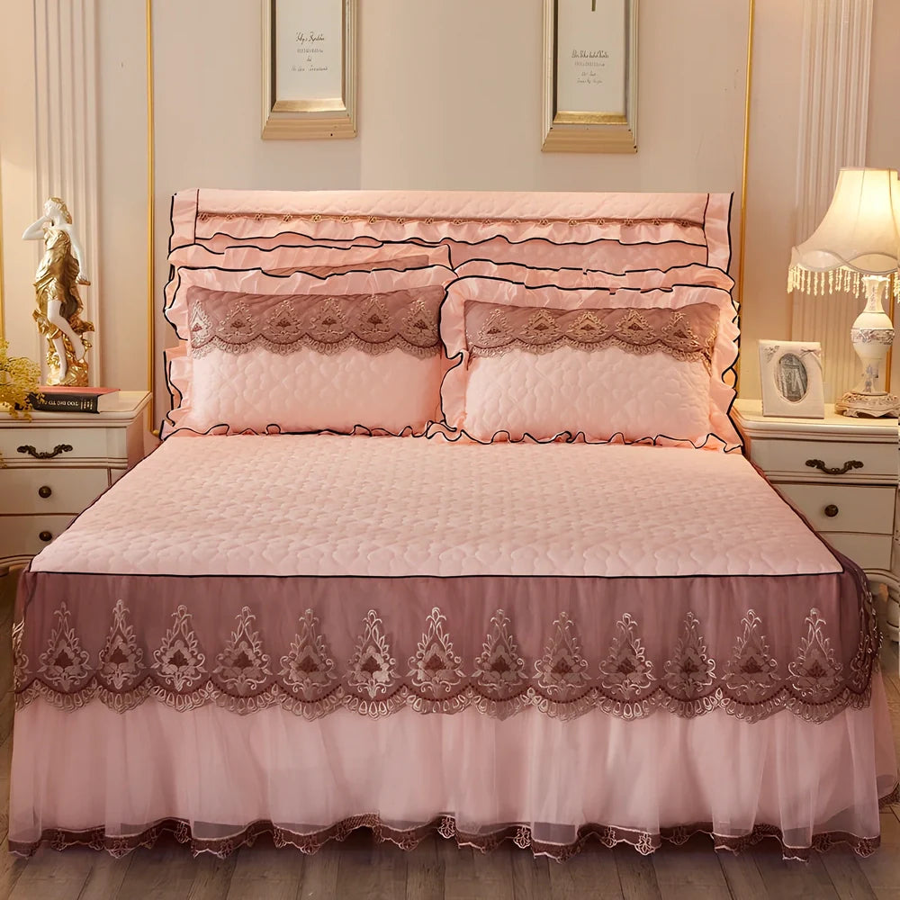 Quilted lace bed skirt with embroidery quilting on bed, showing 1.8m circumference coverage