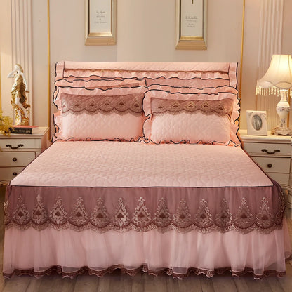 Quilted lace bed skirt with embroidery quilting on bed, showing 1.8m circumference coverage