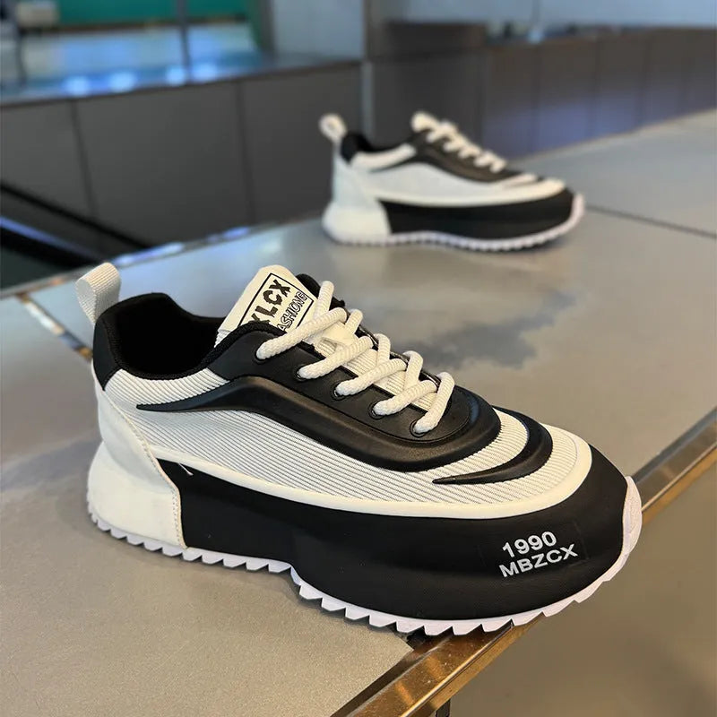 Men's mesh running sneakers with front lace-up, sewn sole, and 3-5cm mid heel, available in white, black, green.