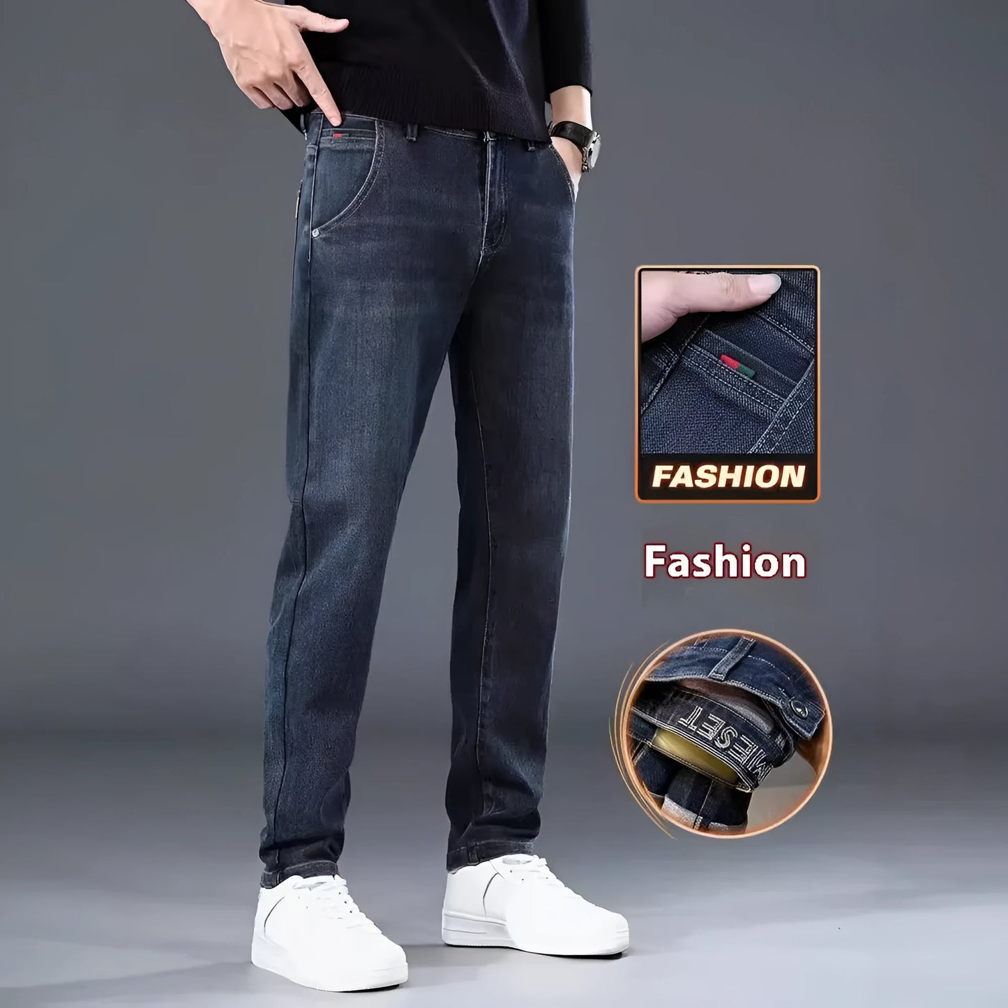 Blue grey slim straight trousers with micro-elasticity waistband on teenage model for summer street fashion