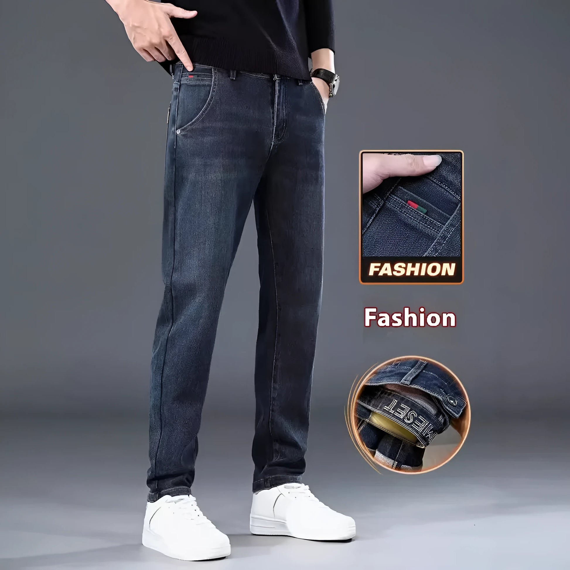 Blue grey slim straight trousers with micro-elasticity waistband on teenage model for summer street fashion
