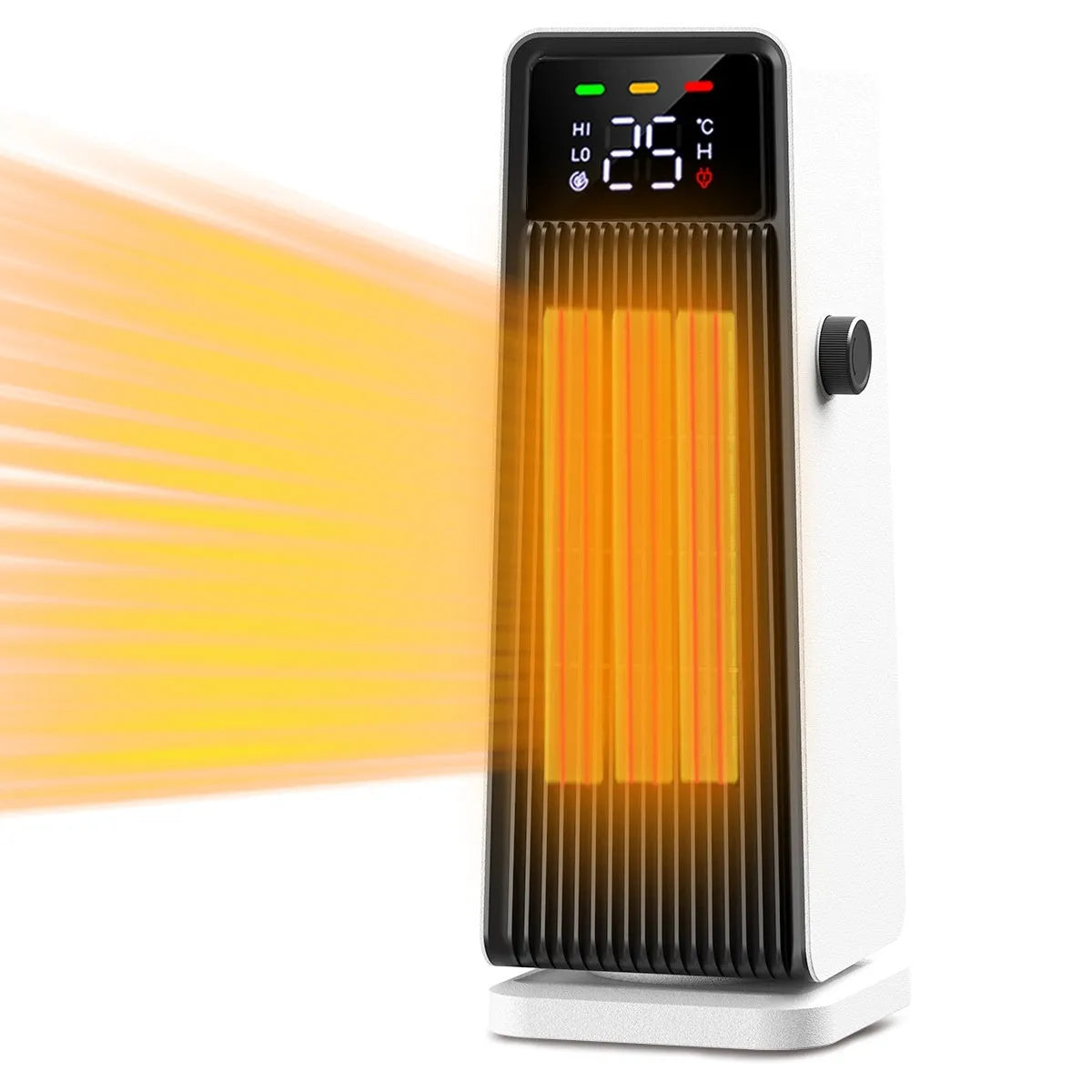 White small electric air conditioner heater with PTC heating, 1500W, oscillating air supply, touch control and timer.