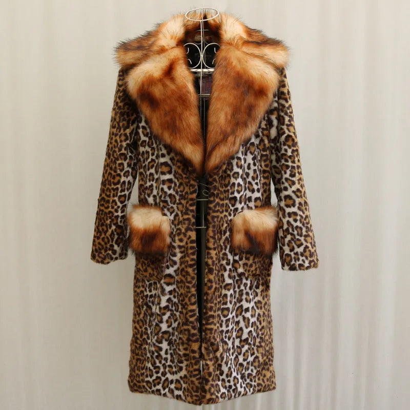 Long artificial fur jacket with leopard print design, regular sleeves, street fashion style for women's commuting wear
