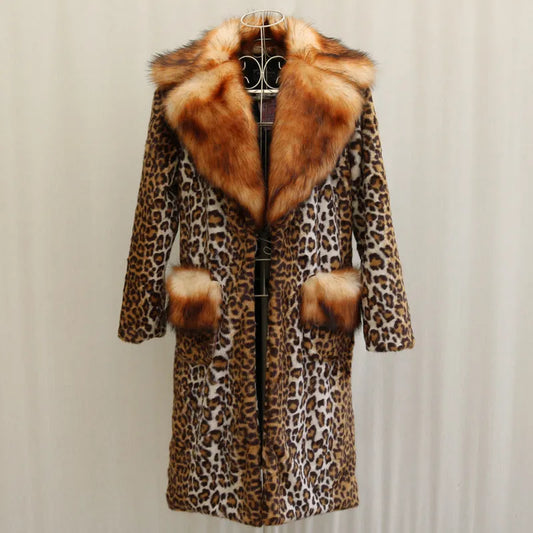 Long artificial fur jacket with leopard print design, regular sleeves, street fashion style for women's commuting wear