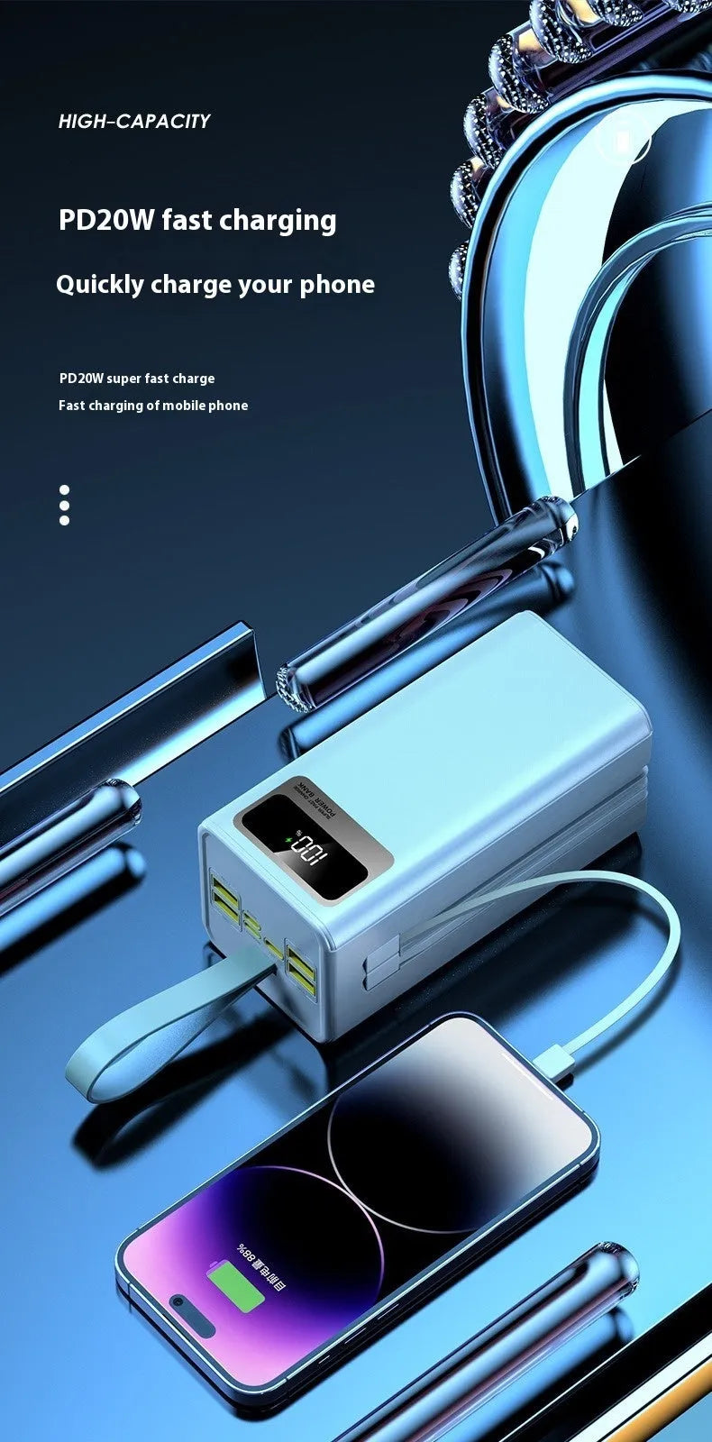 Large capacity portable power bank in Samurai Black or Knight White with fast charging double line, 168x70x54mm