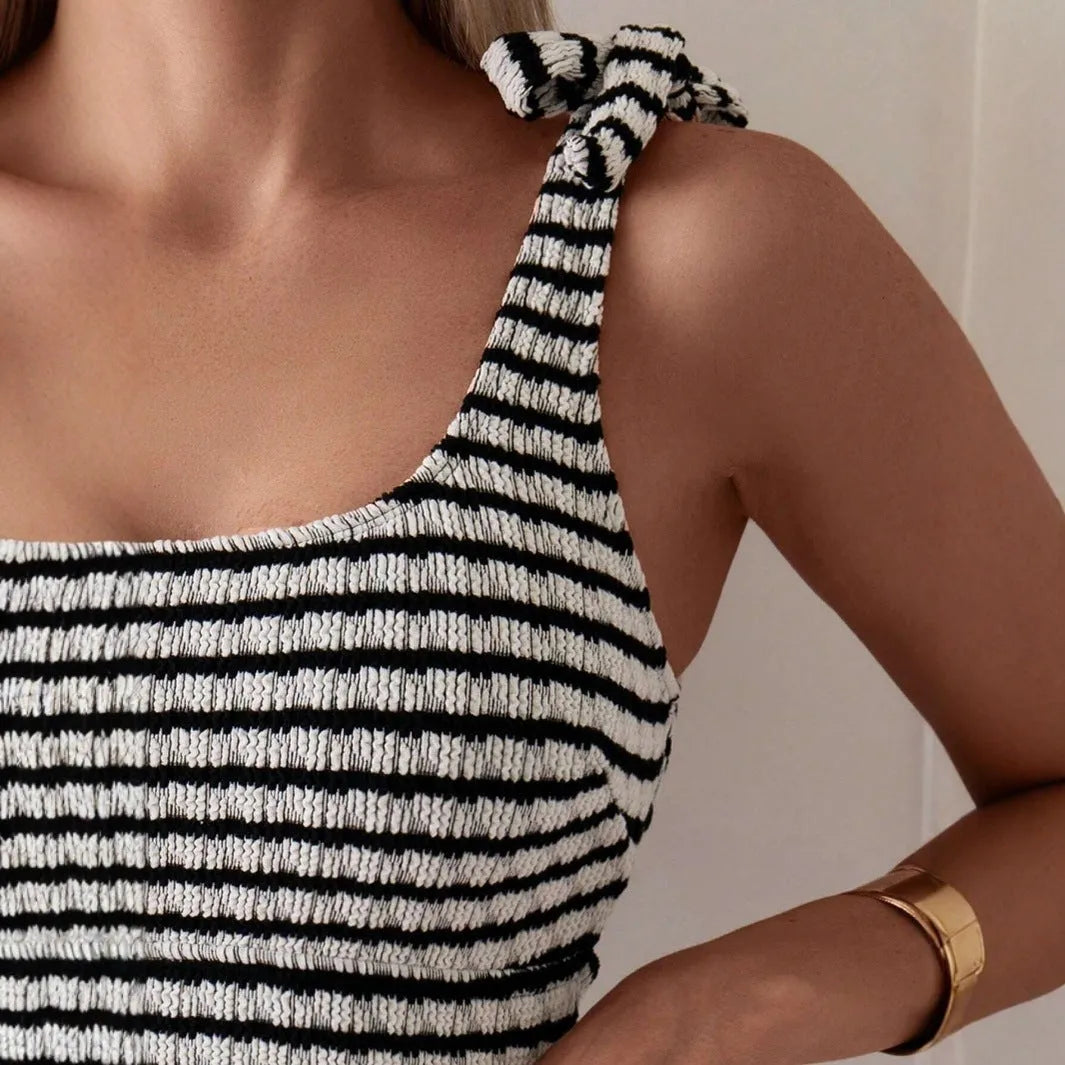 Gray striped women's two-piece swimsuit with sleeveless tube top and briefs, sizes S to XL