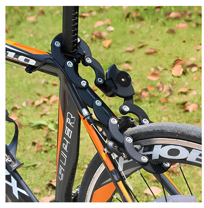 Black folding bicycle anti-theft chain lock, 585mm length with zinc alloy body and 3mm steel joints for secure bike protection