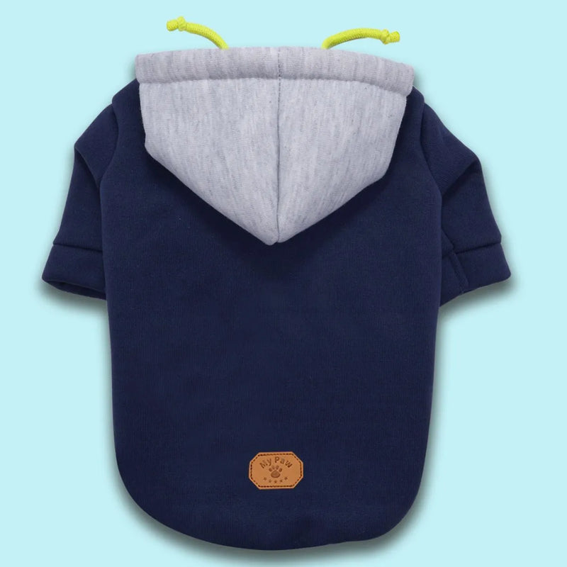 Pet clothing hooded pullover sweater for dogs and cats with British style contrasting colour panels in polyester fabric available in dark red or navy blue in sizes XS to XXL for comfortable outdoor wear