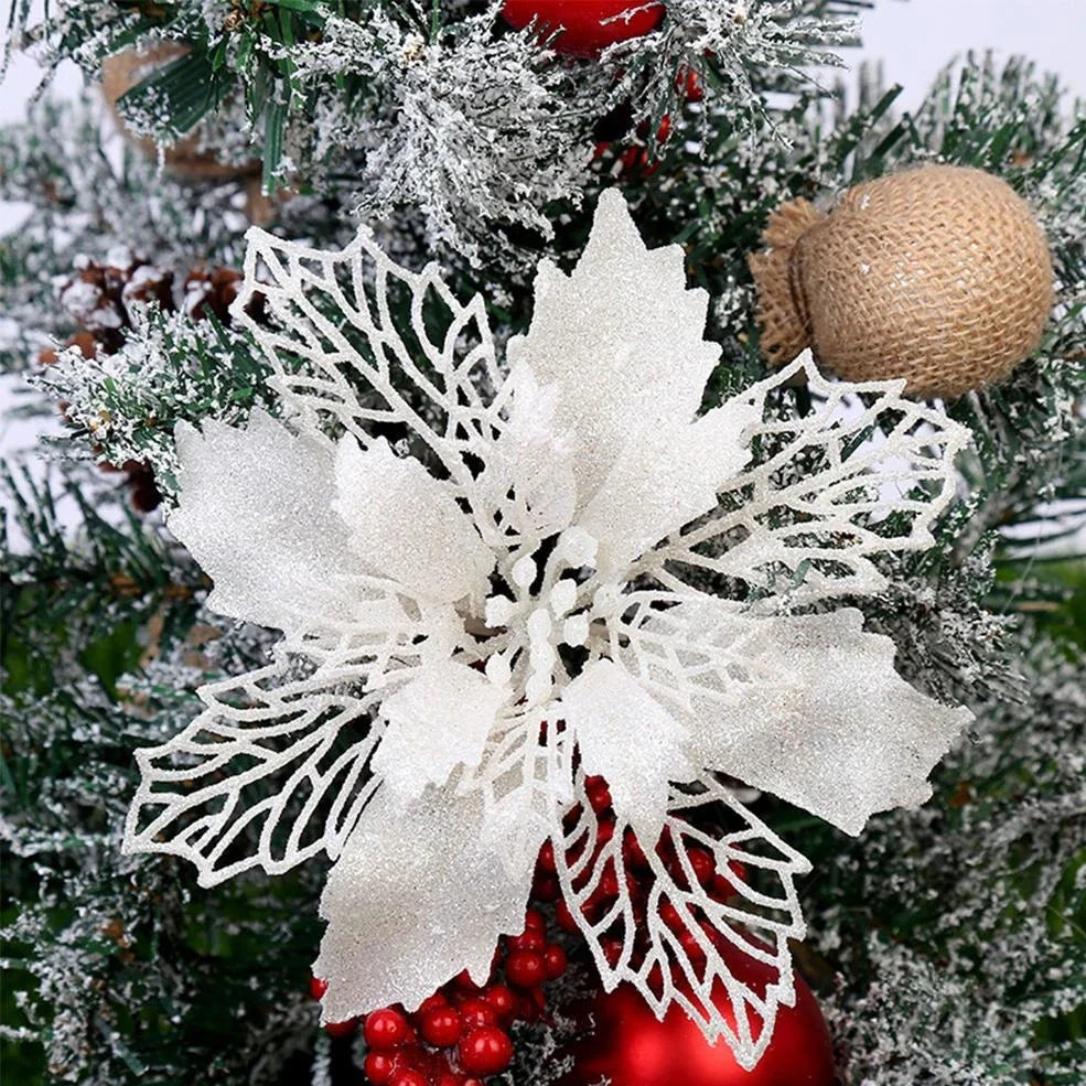 Glitter artificial Christmas flowers measuring 11cm with sparkling coating in various colour options
