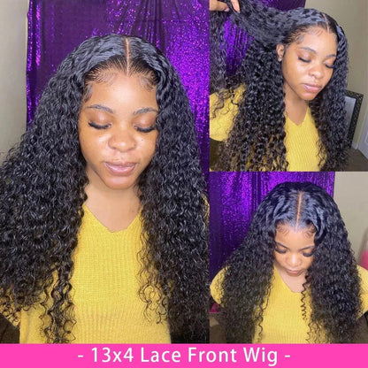 Close-up of a curly hand-woven human hair wig showing the realistic lace front and textured curls.