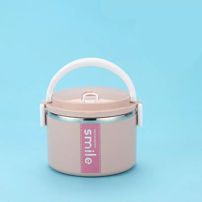 Stainless steel lunch box with built-in spoon, leak-proof design, available in green, pink, and blue