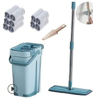 Blue wooden floor lazy mop with bucket, microfibre flat head, aluminium rod, and 360-degree rotation