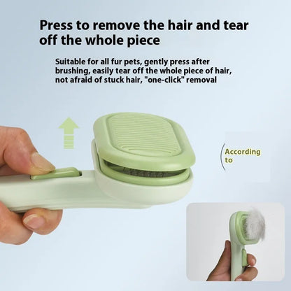 Large one-click pet hair removal and knot untying comb in light grey, showing stainless steel teeth.