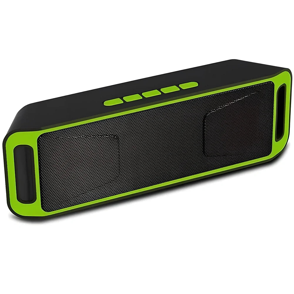 Blue portable Bluetooth speaker with dual speakers showing dimensions 20x6.5x4cm