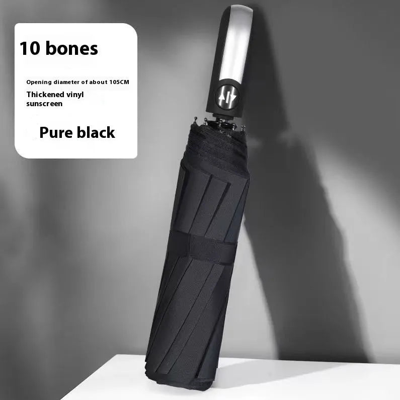 Folding umbrella showing tri-fold design with gesture motif and plastic handle