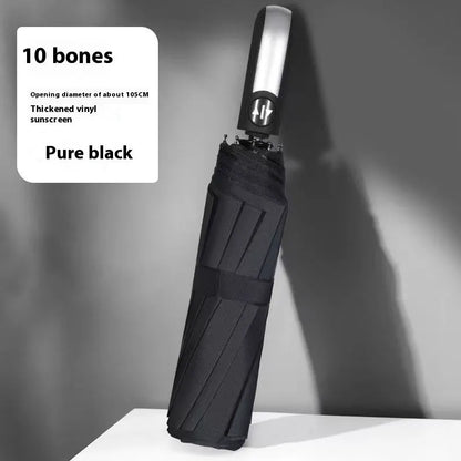 Folding umbrella showing tri-fold design with gesture motif and plastic handle