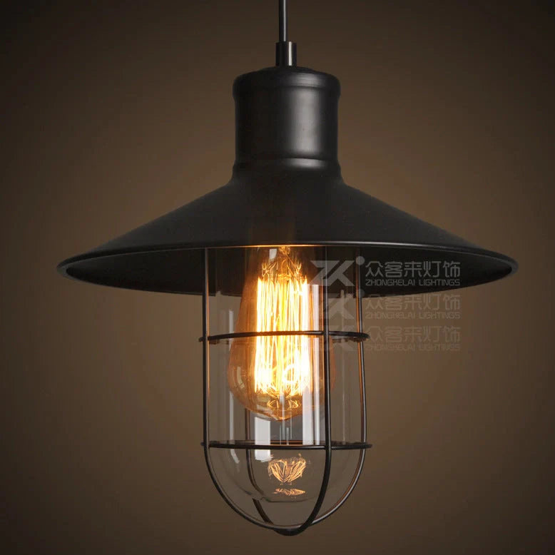 Black iron pendant lamp with cage-style explosion-proof glass shade and adjustable hanging chain