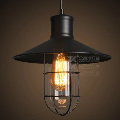 Black iron pendant lamp with cage-style explosion-proof glass shade and adjustable hanging chain