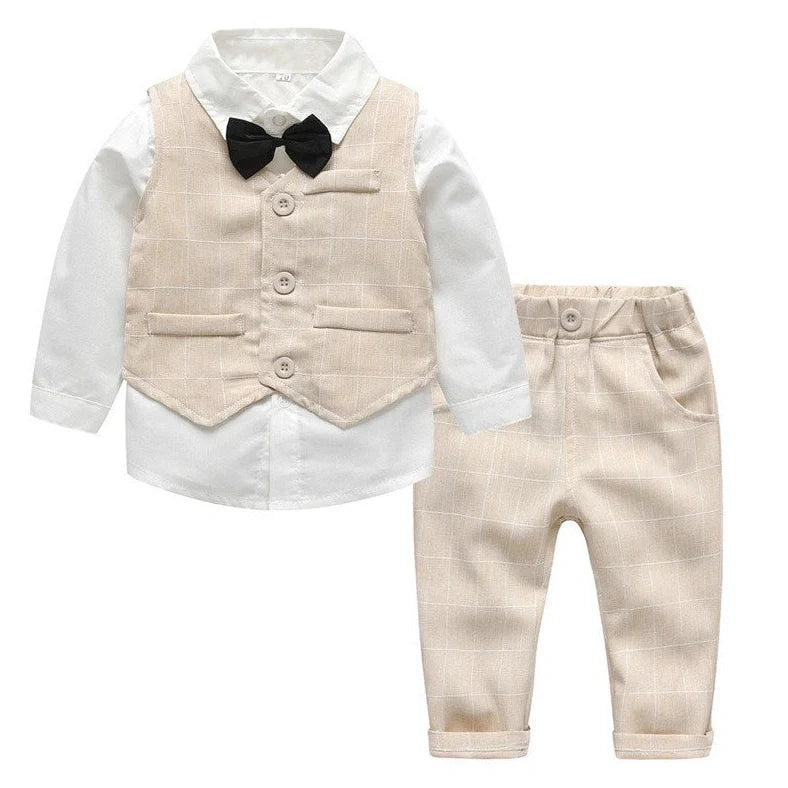 Three-piece baby boy suit with white shirt and striped vest featuring 95% cotton fabric for breathable comfort and flat car stitch construction at 12-14 stitches per 3cm for durability
