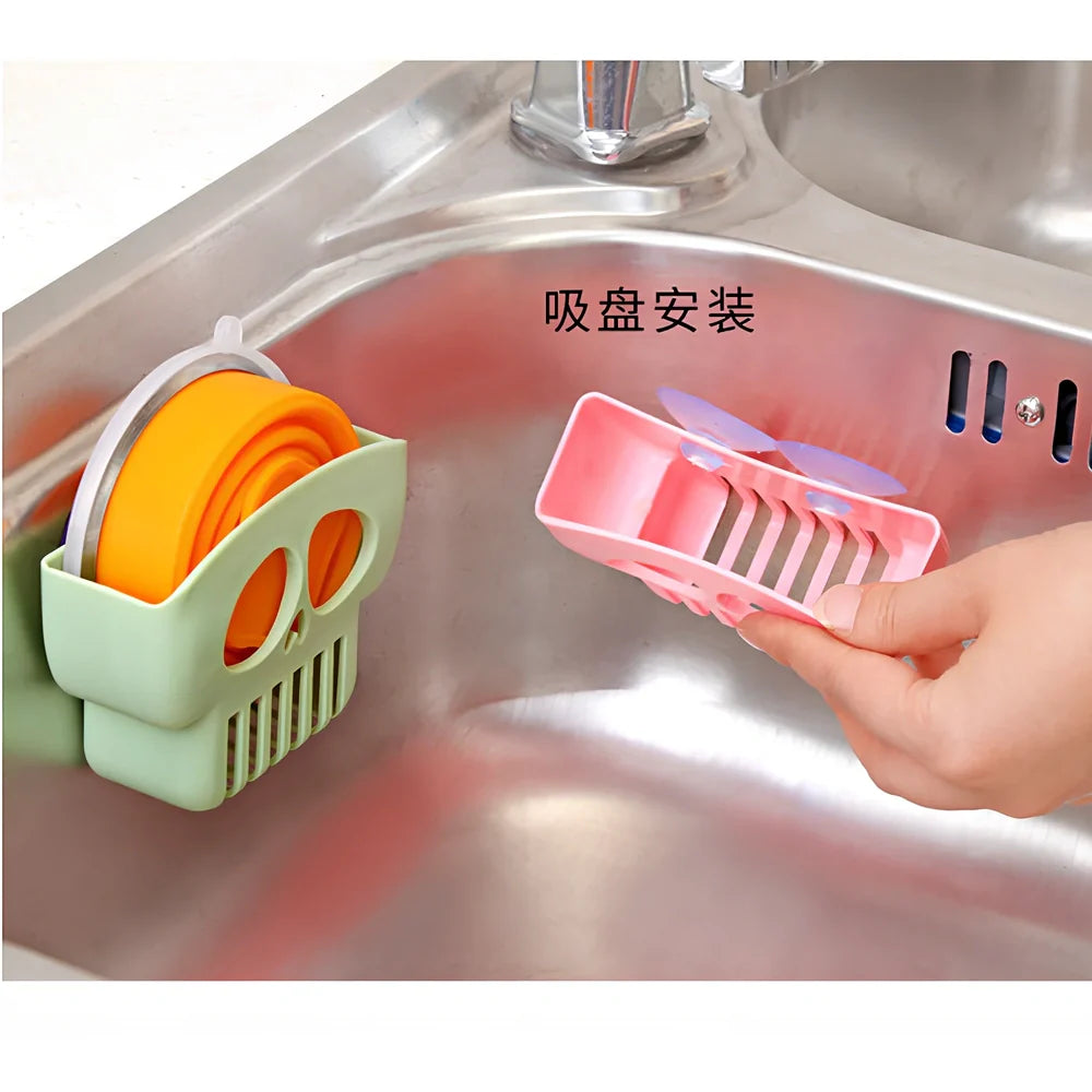 Halloween plastic drain rack in gray holding sponge, dish cloth and soap, 25cm long with punch holes for drainage