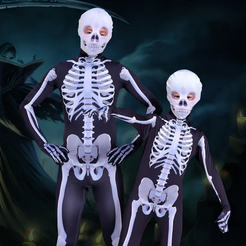 Black milk silk skeleton jumpsuit for males, 93% polyester 7% spandex, sizes 110-180, scary skull print for Halloween parties