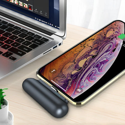 Black and white magnetic mini power bank showing compact dimensions and interchangeable charging heads