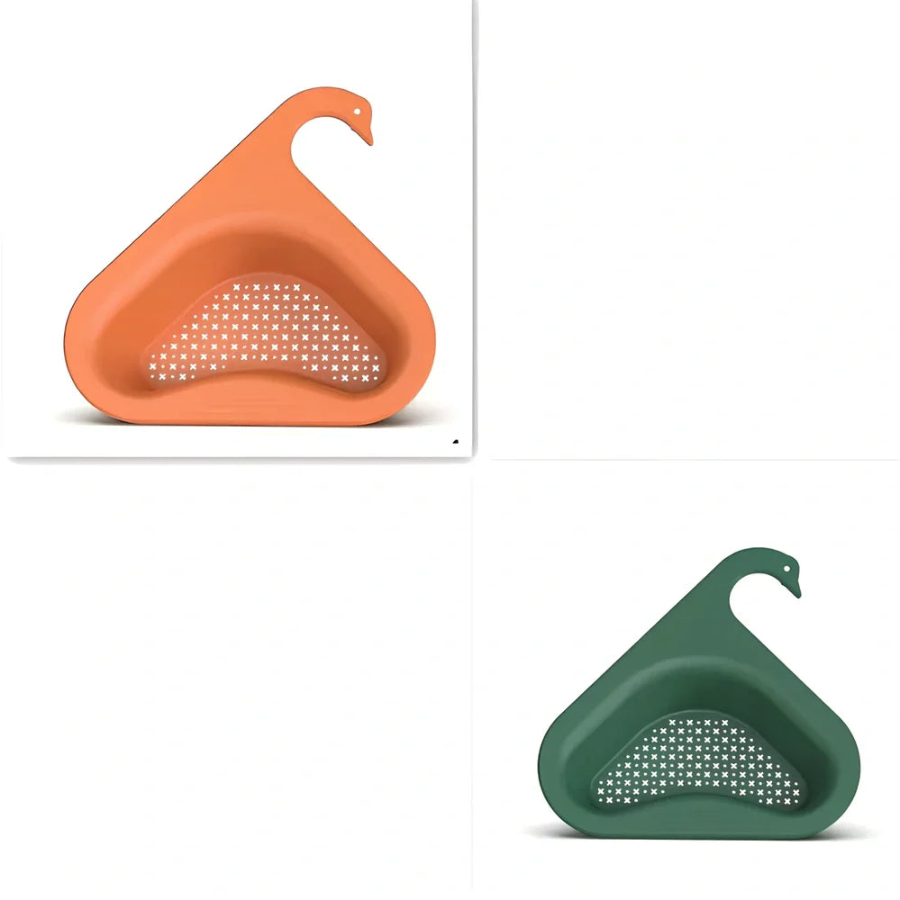 Yellow swan-shaped plastic kitchen drainer basket with drainage holes on kitchen counter
