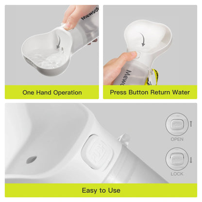 Mewoofun 2-in-1 leak-proof pet water bottle with bone-shaped design and poop bag storage