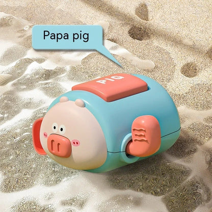 Children's wind-up bath toy measuring 8.2x9.4x5cm with chain attachments in blue pig design