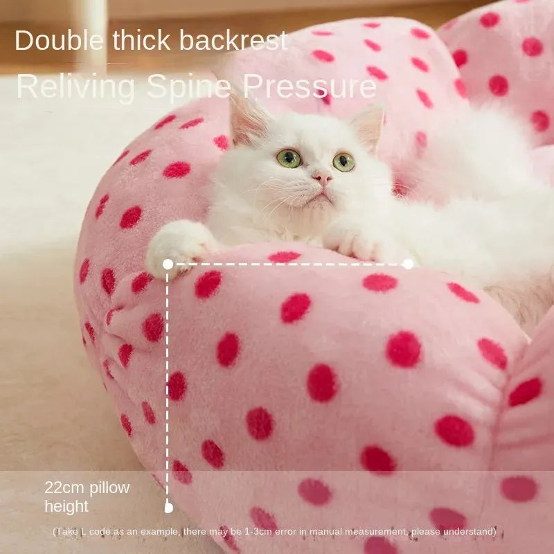 Pink dot pattern fabric cat bed shown in two size options: 45cm and 65cm diameter.