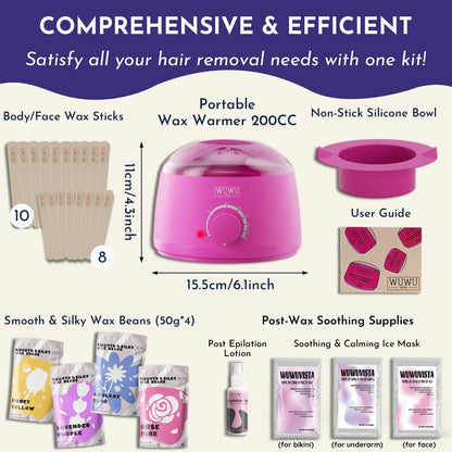 Waxing gift set with 200ml warmer, 4 wax beads, 20 sticks, aftercare lotion and ice masks for hair removal