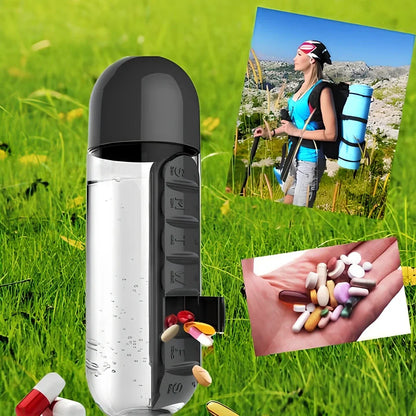 Black wrist capsule water cup showing integrated medicine compartment and safety buckle closure