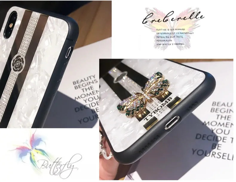 Luxury Diamond Butterfly Mirror iPhone Case made from clear acrylic with genuine Swarovski crystals, compatible with iPhone 11, 11 Pro, 11 Pro Max, iPhone 6/6s/7/8/X models and Plus versions in pearl, purple and rose colour options.