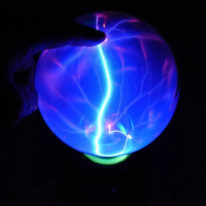 Plasma lightning ball with colourful electrostatic patterns inside 6-inch glass sphere responding to touch
