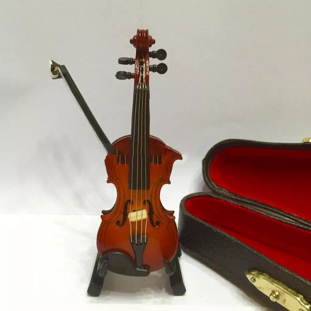 Handmade basswood miniature violin with bow stand and wooden box, perfect for photography props