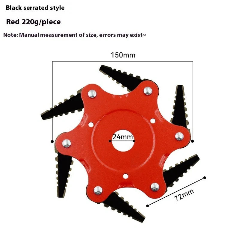 Agricultural alloy six-leaf knife grass head with black flat tooth blades and 28cm cutting diameter