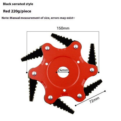 Agricultural alloy six-leaf knife grass head with black flat tooth blades and 28cm cutting diameter